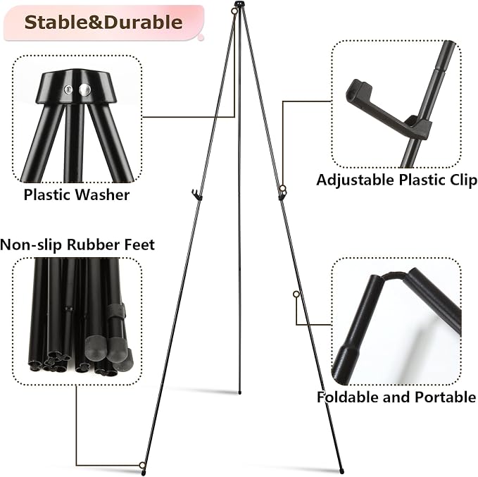 DAJAVE 6 Pack Display Easel Stand 63 Inch Folding Easels for Display, Portable Tripod Display Easel, Black Adjustable Metal Easel for Wedding Sign, Posters, Painting - Image 4