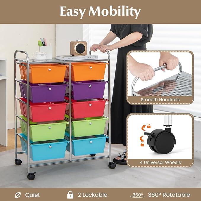 RELAX4LIFE Rolling Storage Cart with 10 Drawers - Craft Storage Cart with Lockable Wheels,Utility Cart, Art Cart Organizer for Crafting Storage, Studio, Office, Home, School Rolling Drawer Cart - Image 4