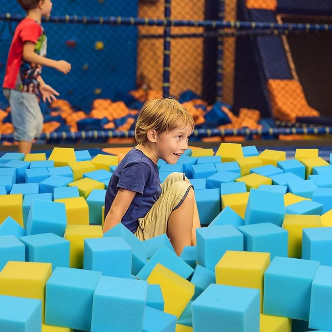 Foam Pit Cubes, 24 PCS 5 Inches Gymnastics Foam Blocks Trampoline Blocks, Multi-Sport Protective Padding for Freerunning, Trampoline, Parkour, Skate Parks & BMX - Blue & Yellow - Image 5