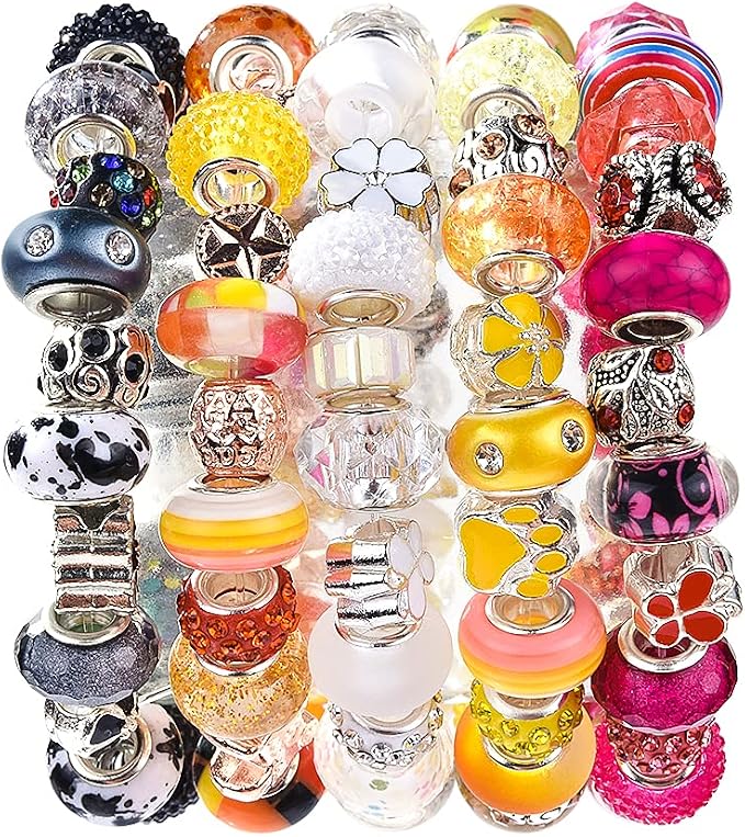 Aipridy European Large Hole Beads, Colorful Glass Charm Beads Set, Assorted Patterns and Designs Rhinestone Craft Beads for DIY Bracelet Jewelry Making (60, Rose-Bengal Resin+Alloy) - Image 4