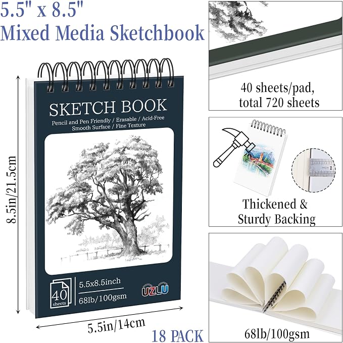 18 Pack Sketch Books Bulk 5.5x8.5 Inch Top Spiral Bound Sketch Pad 720 Total Sheets 6-Color Small Sketchbook 68lb/100gsm Acid-Free Drawing Paper for Students Beginners Travel Classroom Art Supplies - Image 2