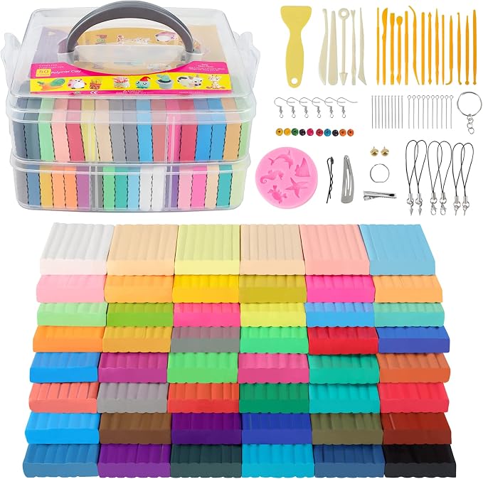 Cyajm 50 Colors Oven Bake Polymer Clay Kit, DIY Jewelry Crafts & Home Decor | 50 colors soft oven bake clay. Easy to shape. For jewelry, home decor, school art projects. For adults and beginners by CyAJM