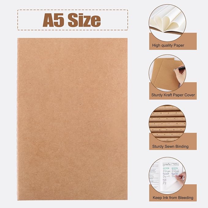 EOOUT 80pcs Kraft Notebooks for Kids, Blank Journals Bulk, Sketch Books, 60 Pages Composition Notebook, 80gsm, 8.3x5.5 Inches, Travel Journal Set, for Travelers, Students and Office Supplies - Image 3