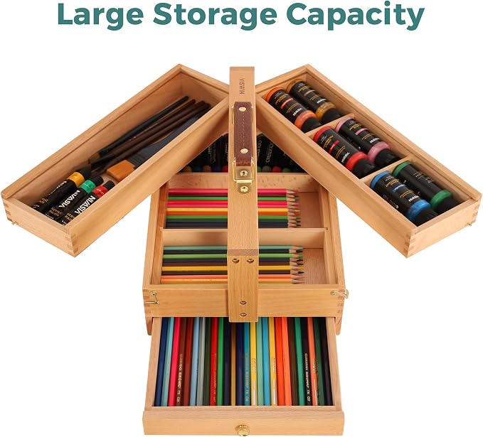 Multi-Function Artist Storage Box, Portable Solid Beech Wooden Tool Box with Drawer, Three Layers Art Supplies Storage Box for Paint Brush, Pen, Pastel, Paining Supplies, 13 1/2" x9 1/2"x5" - Image 3