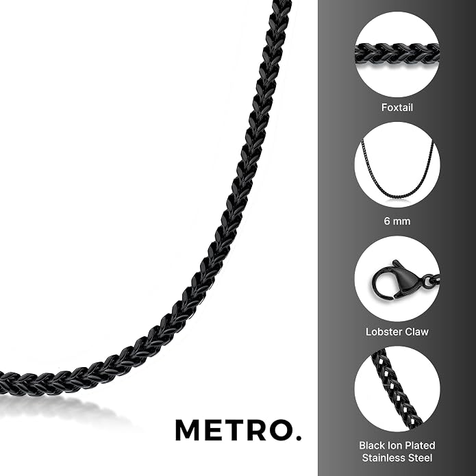 Metro Jewelry Stainless Steel 20 to 30 Inches Long Foxtail Necklace for Men with Black or Yellow Gold Ion Plating 6 mm Thick Chain with Lobster Claw Clasp - Image 4