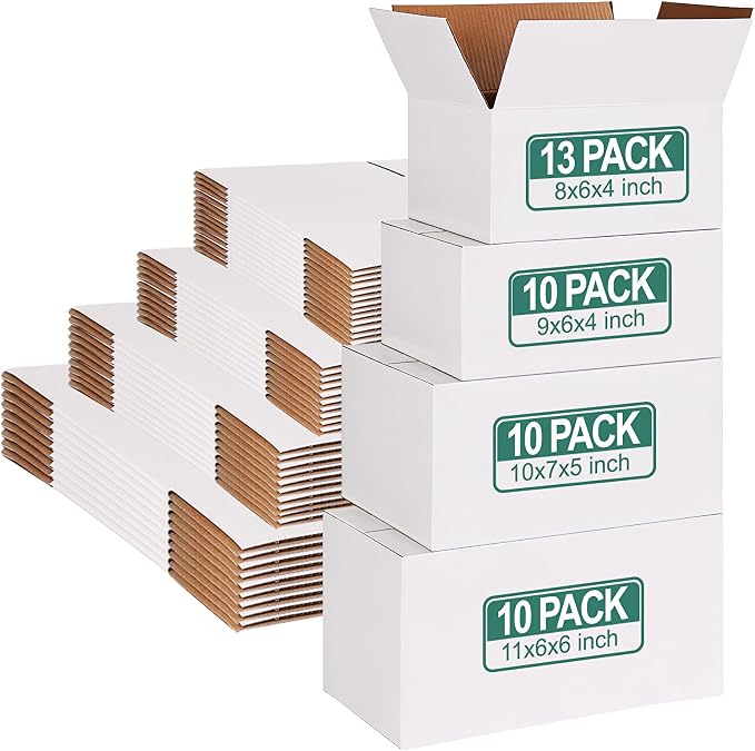 MAPVOLUT 43-Piece Assorted Sizes Small Shipping Boxes - White Corrugated Mailing Boxes for Small Business, Packaging, and Gift Shipping - Includes 4 Sizes (8x6x4, 9x6x4, 10x7x5, 11x6x6) by MAPVOLUT