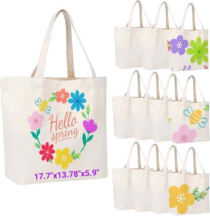 Segarty Canvas Tote Bag, 12 Pack 17.7x13.78x5.9 Blank Canvas Tote Bags for Women, Reusable Tote Bag with Natural Cotton and Shoulder Strap, Bulk for DIY, Grocery Shopping, Beach, Travel，Gift by Segarty