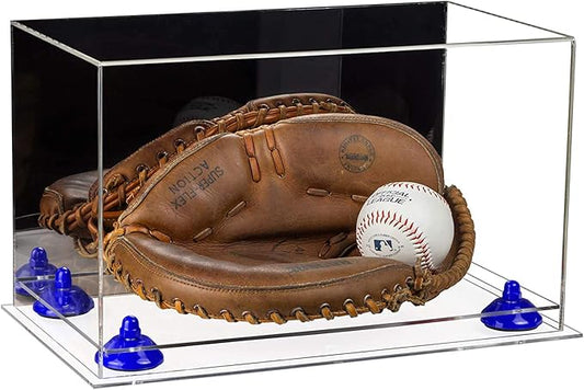 Better Display Cases Acrylic Base and Wall Mountball Catchers Glove Display Case with Mirror Case, Dark Blue Risers and Clear Base (A011/V16)