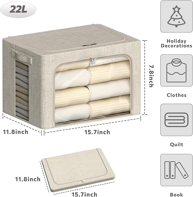 4 Pack Clothes Storage Bins with Metal Frame - 22L Stackable Storage Box with Lid，Foldable Storage Container Organizer for Clothes，Linen Fabric Storage Box with Clear Window＆Zippers＆Handles - Image 4