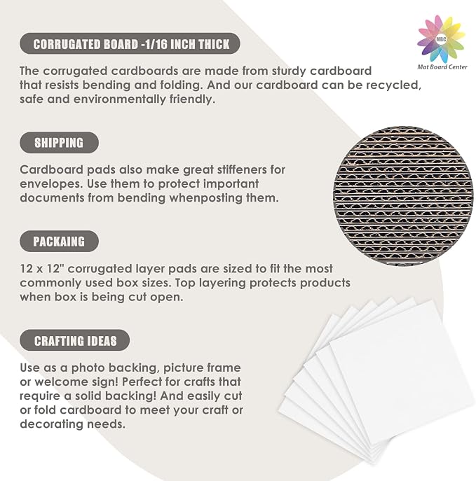 Mat Board Center, 12x12 Inch Corrugated Cardboard Sheets 50 Pack | Flat Cardboard Inserts for Mailing, Packaging & Shipping, Cardboard Backing, Craft Card Board (White on one side) - Image 7