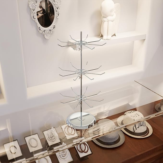 3 Tier Jewelry Holder with 8 Hooks Chrome Spinner Display Stand | Chrome, Adjustable Height, Space-saving, 3 Tier Hanging, Rotating Organizer, For Necklace Bracelet Earring - Image 5