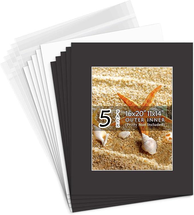 Golden State Art 5 Pack Black Mat 16x20 for 11x14 Photo Matte+Backings+Bags | Acid-Free,4-Ply Thick,Pre-Cut Kit Mattes,White Core,Bevel Cut,For Photos, Pictures,Artwork, Poster or Print Display by GoldenStateArt