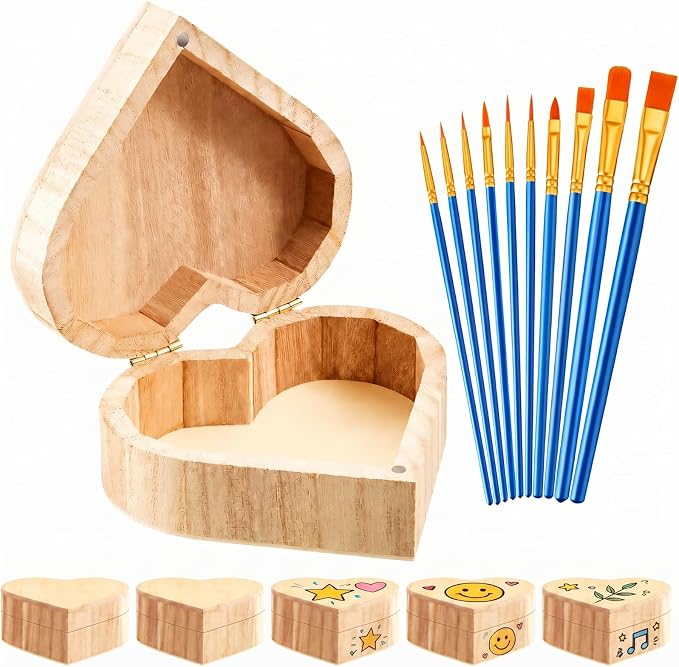 6 Pcs Unfinished Heart Wooden Boxes with 10 Brushes Unpainted Wood Treasure Chest with Hinged Lid DIY Craft Kit for Back to School Classroom Art Projects Teachers Students Kids by Taiyin