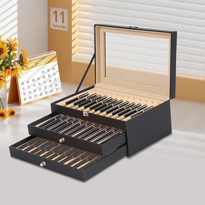 36 Pieces PU Leather Pen Box, 3 Levels with Drawers Fountain Pen Display Case Storage Organizer Box with Glass Window Gift for Friend (Black) - Image 2