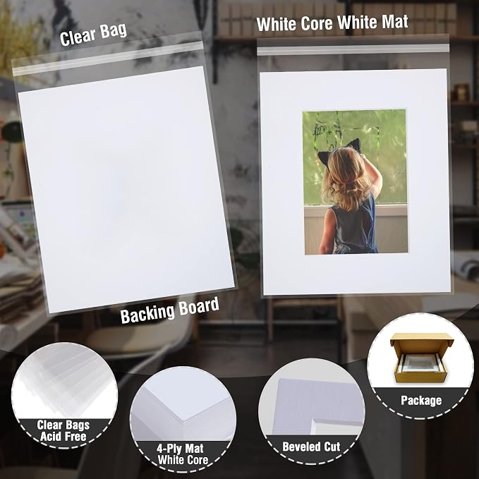 Acid Free 25 Pack 18x24 Pre-Cut Mat Board Show Kit for 16x20 | Photos, Prints or Artworks, 25 Core Bevel Cut Matts and 25 Backing Boards and 25 Crystal Plastic Bags, White - Image 4
