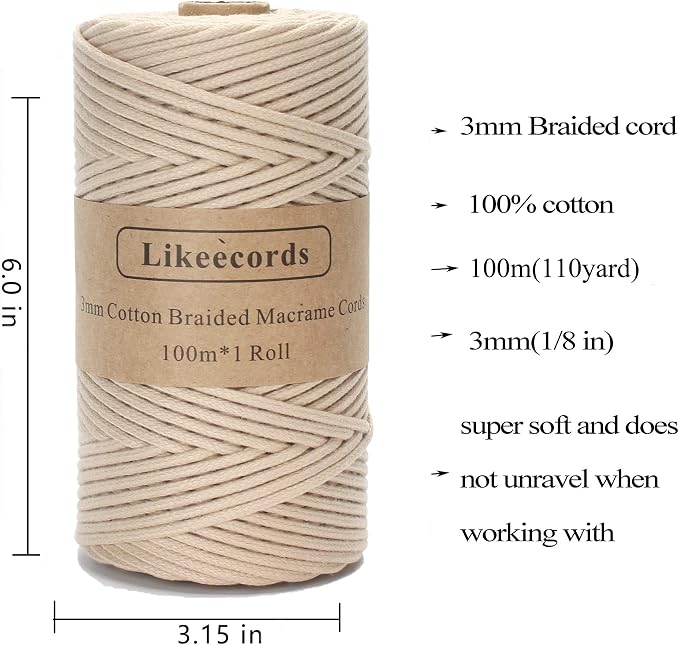 Likeecords 4 Skeins of Braided Macrame Cotton Cord 3mm x 100m,Macrame Rope, 100% Cotton Rope Macrame String,Colorful Cotton Craft Cord for Bag,Wall Hanging, Plant Hangers, Crafts, Knitting（Apricot） - Image 2