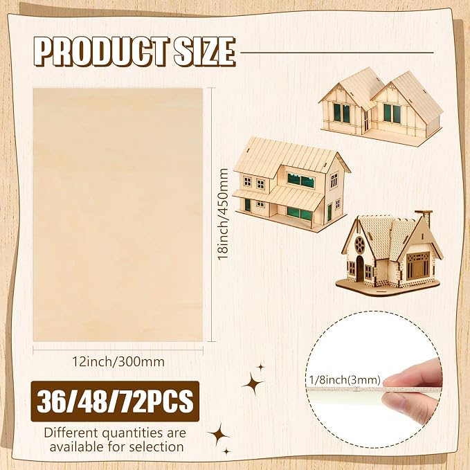 Riakrum Basswood Sheets Plywood Board Unfinished Wood Boards for Crafts for DIY Laser Projects Architectural Mini House Building Hobby Model Making(12 x 18 x 1/8 Inch,48) - Image 2