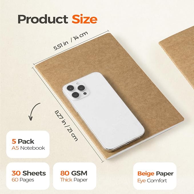 5 Pack Blank Kraft Notebooks A5, Unlined Composition Journals, 60 Pages | 80gsm Cream Paper, 8.3x5.5 Inches Softcover For Sketch Writing, School, Office, Artists & Students - Image 2