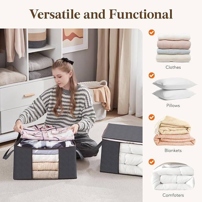 Lifewit 2 Pack 60L Clothes Storage Bins with Lids, Foldable Blanket Storage Bags with Zippers, Clear Window and Reinforced Handles, Closet and Organization for Clothing, Sweater, Comforter, Bedding - Image 6