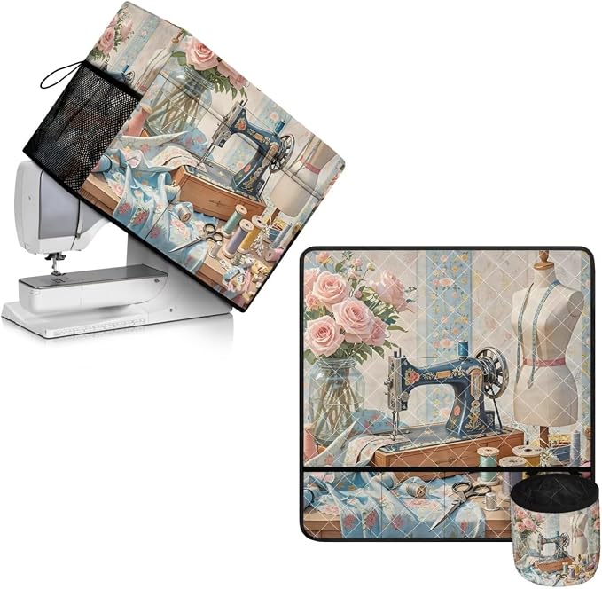Sewing Element Sewing Machine Mat & Dust Cover, Set Of 2 Non Slip Sewing Machine Mats Compatible with Most Standard Sewing Machines & Supplies Kits by PJHEQOXE