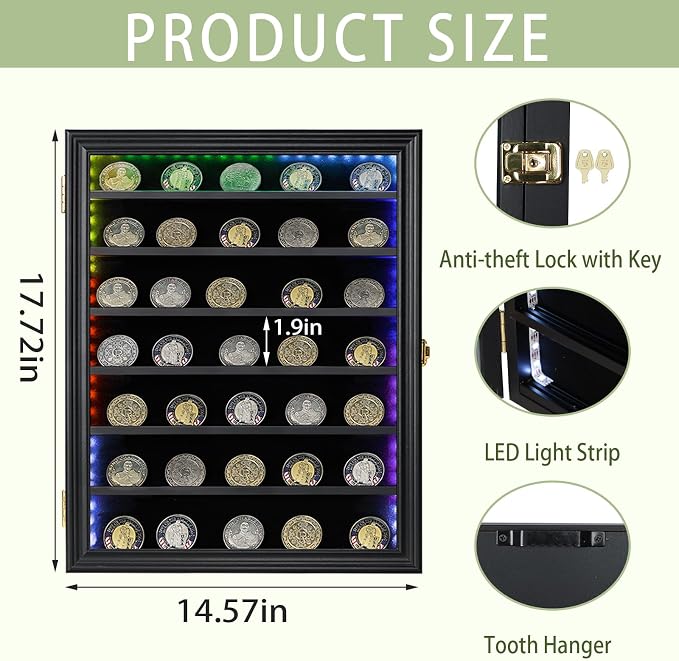 LED Military Challenge Coin Display Case - Lockable Cabinet Rack Holder Shadow Box with Removable 2 Grooves Shelves and Acrylic for Casino Poker Chips Collectibles, Large - Black with LED - Image 2