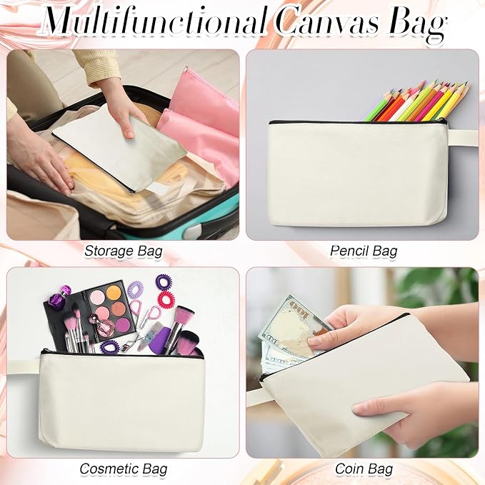 Reginary 60 Pcs Canvas Makeup Bag Bulk,7.5 X 5 X 2 Inch,Black | Portable Cosmetic Pouch with Zipper, Blank Design Pencil Case, Versatile Toiletry Organizer for Women Travel DIY Craft - Image 5