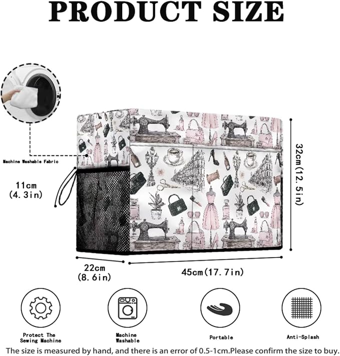 Retro Sewing Elements Sewing Machine Protective Cover and Table Mat with Small Cylinder and Pocket Durable Waterproof Sewing Supplies For Fits Standard Singer, Brother and Janome Machines - Image 2