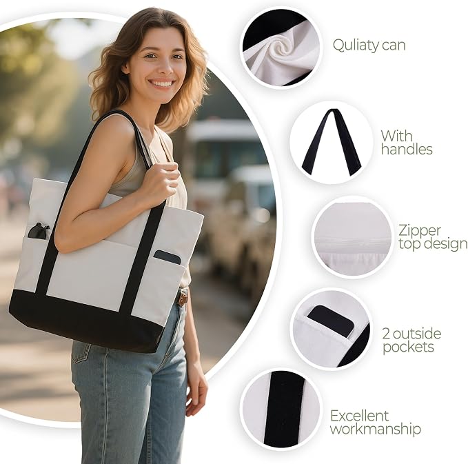 Capoda 16 x 14 Canvas Tote Bags with 2 Pocket, Bulk Zipper Totes Reusable Blank Sublimation Bags for Shopping Grocery DIY - Image 4