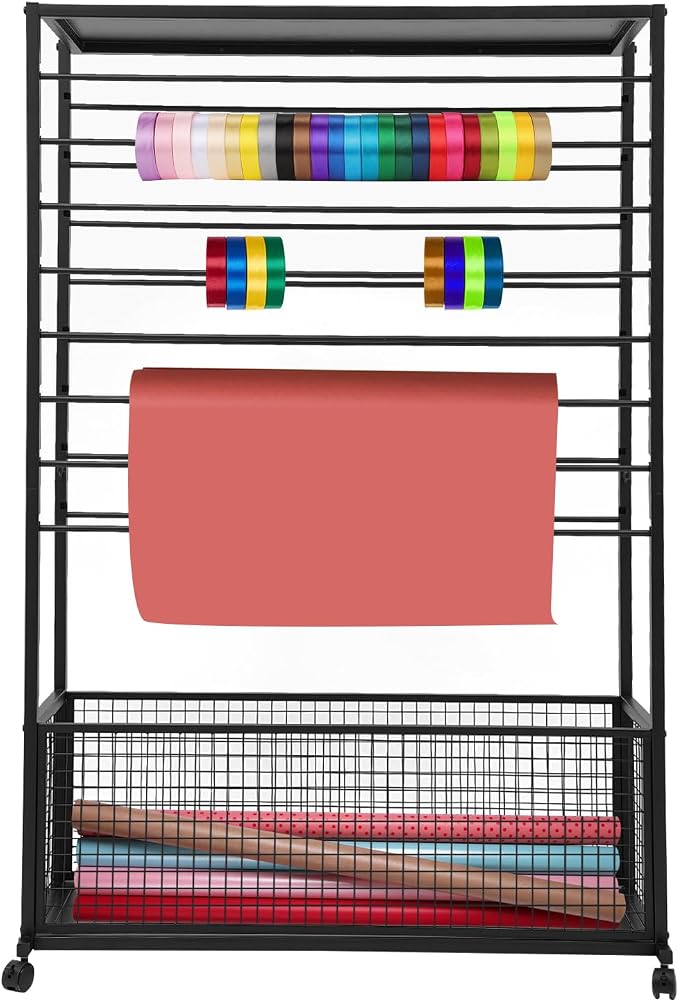 Double-Sided 16 Tier Ribbon Wrapping Paper Organizer Rack | 39.3"x12.6"x59" Large Capacity Ribbon Stand with Top Shelf, Ribbon Holder and Gift Bag Storage Organizers, Save Space (Black) by Unknown