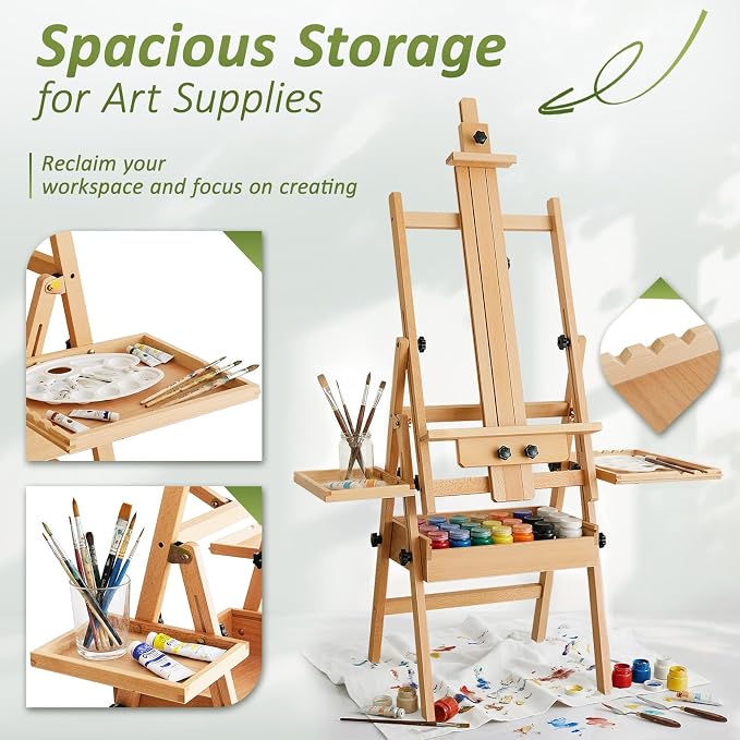 Multi-Function Beech Wood Art Easel for Painting, Flat Desk Easel Stand | Foldable & Adjustable Paint Easel Standing, H-frame Wooden Painting Easel Stand with Storage Box for Adults Artist Studio - Image 6