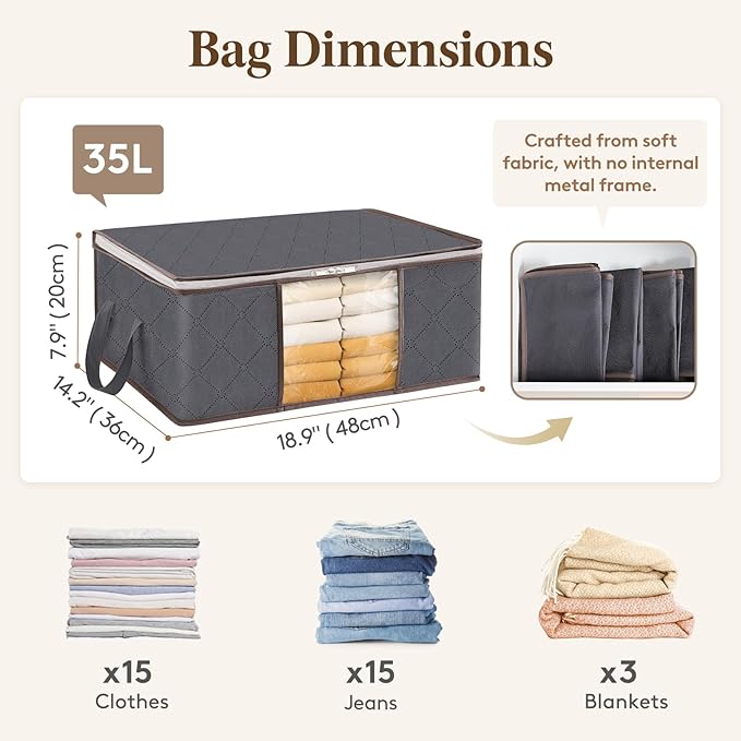 Lifewit 3 Pack 35L Clothes Storage Bins with Lids, Foldable Blanket Storage Bags with Zippers, Clear Window and Reinforced Handles, Closet and Organization for Clothing, Sweater, Comforter, Bedding - Image 2