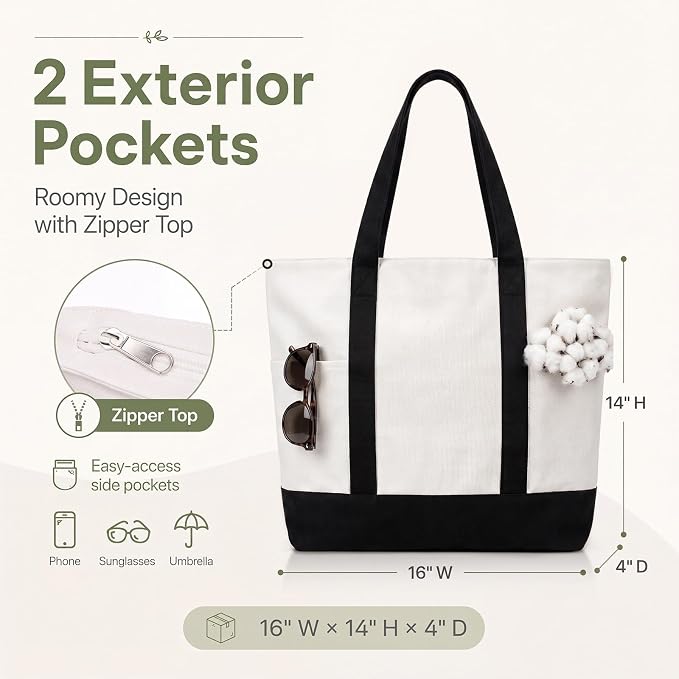 Capoda 16 x 14 Canvas Tote Bags with 2 Pocket, Bulk Zipper Totes Reusable Blank Sublimation Bags for Shopping Grocery DIY - Image 2