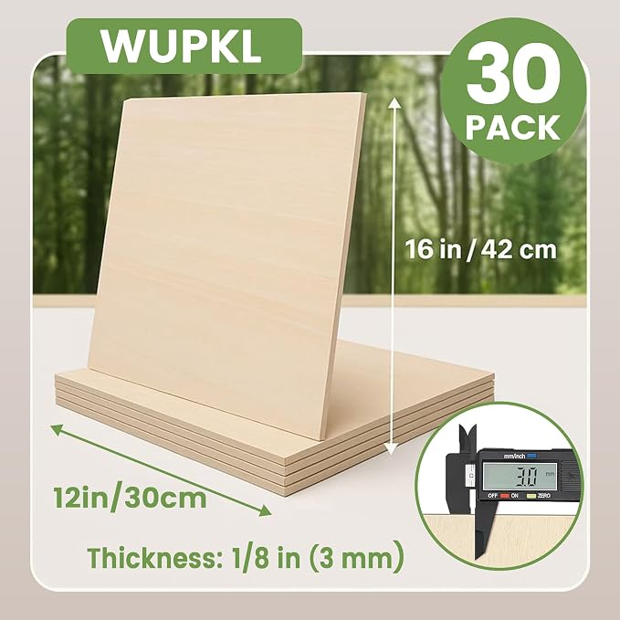 30 Pack Basswood Sheets 1/8 x 16 x 12 Inch for Laser Cutting | Unfinished 3mm wood boards for laser cutting, engraving, wood burning, and DIY crafts. Ideal for models and creative projects - Image 3