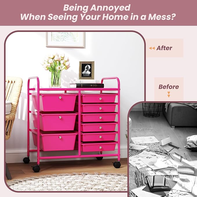9 Drawer Rolling Storage Cart, Rolling Cart with Drawers for Classroom, Art Supply Craft Organizer on Wheel with Metal Frame & Handles for Home Office School - Image 8