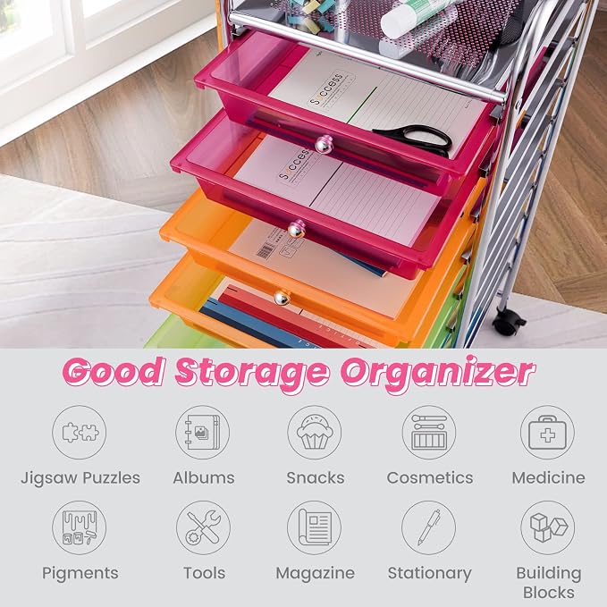 DREAMADE Rolling Cart with Storage Drawers, Utility Cart with Removable Plastic Drawers, Lockable Wheels, Art Cart for Classroom Organization Art Supplies Office Scrapbook (10 Drawers, Rainbow) - Image 3