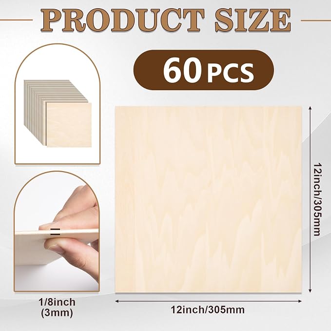 60 Pack Basswood Sheets for Laser Cutting, 12 x 12 x 1/8 Inch, Unfinished Squares Wood Sheets for Crafts - Smooth Surface Plywood for Wood Burning, Engraving, Architectural Models, Painting & Staining - Image 2