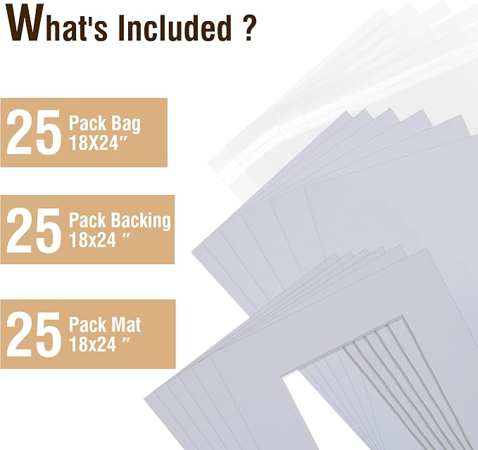 Acid Free 25 Pack 18x24 Pre-Cut Mat Board Show Kit for 16x20 | Photos, Prints or Artworks, 25 Core Bevel Cut Matts and 25 Backing Boards and 25 Crystal Plastic Bags, White - Image 3