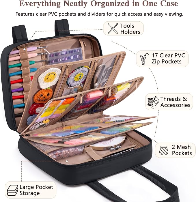 AMOIGEE Sewing Supplies Organizer Bag, Large Craft Storage Tote with 17 Clear Pockets&Tool Holders, Portable Crochet Knitting Embroidery Organizer Case for Threads, Hooks, Needles & Sewing Accessories - Image 4