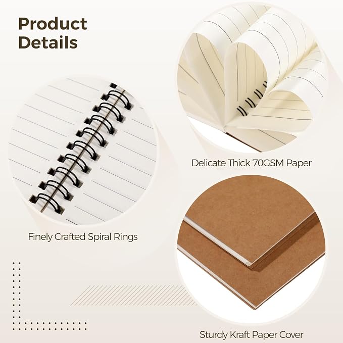 Lnrueg 48 Pcs A5 Spiral Notebooks - Brown Kraft Paper Cover Notebooks, Hardcover Lined Notebooks, Sturdy Travel Journals with Smooth 70GSM Paper for School, Office, Travel, 100 Pages - Image 4