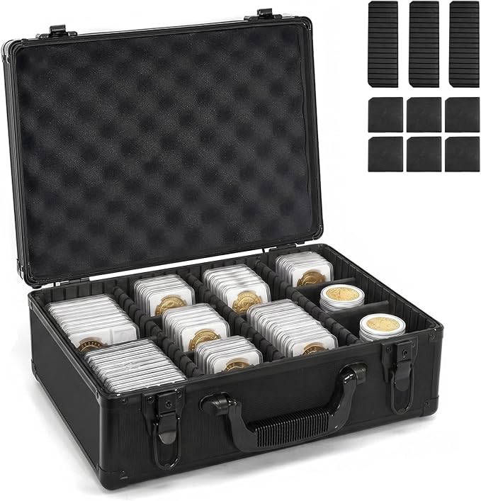 LOCKCURX Graded Coin Storage Box for NGC PCGS Slabs, 120 Capacity (Black) | Key Lock Secure Coin Collection Box with 6 Removable Dividers for Customizable Storage, Coin Cases for Collectors by LOCKCURX