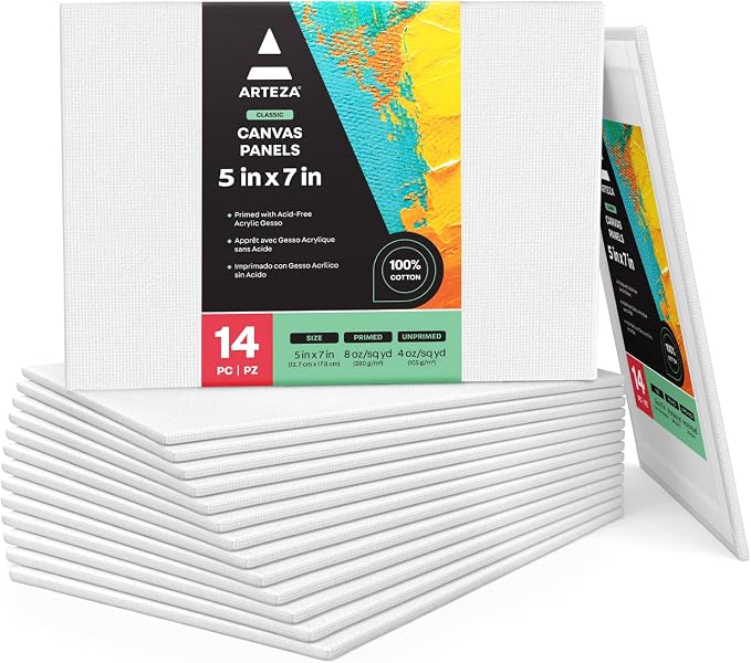 ARTEZA Canvas Boards for Painting, 5 x 7 Inches, Pack of 14, Blank White Small Canvas Panels for Acrylic, Oil and Gouache Painting by ARTEZA