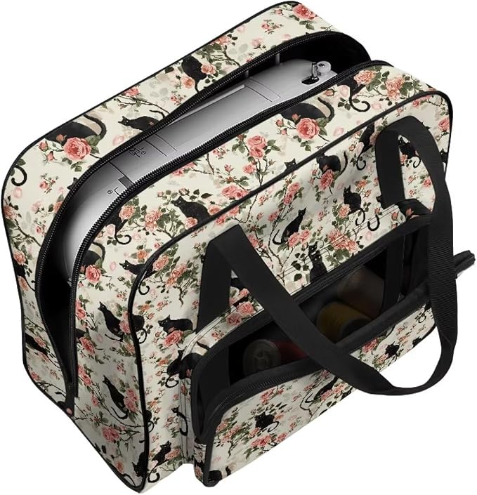 Sewing Machine Carrying Bag Universal Travel Tote Bag Portable Sewing Machine Dust Bag Large Capacity Storage Bag for Most Standard Size Sewing Machines and Accessories, Retro Black Cat Rose - Image 7
