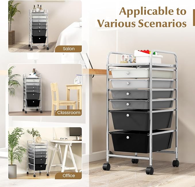 DREAMADE Rolling Cart with Storage Drawers, Utility Cart with Removable Plastic Drawers, Lockable Wheels, Art Cart for Classroom Organization Art Supplies Office Scrapbook (6 Drawers, Mixed-black) - Image 7