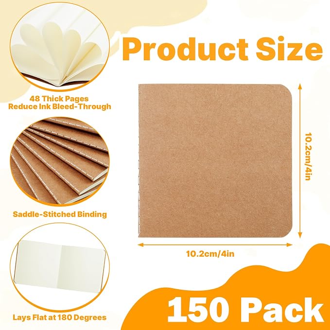 150Pack Mini Notebooks Bulk, Mini Pocket Kraft Notebooks, 4 x 4 In | Blank Journal Notepad, Small Unlined Sketchbook for Writing Drawing Note-Taking DIY Projects, 24 Sheets, 48 Pages - Image 2