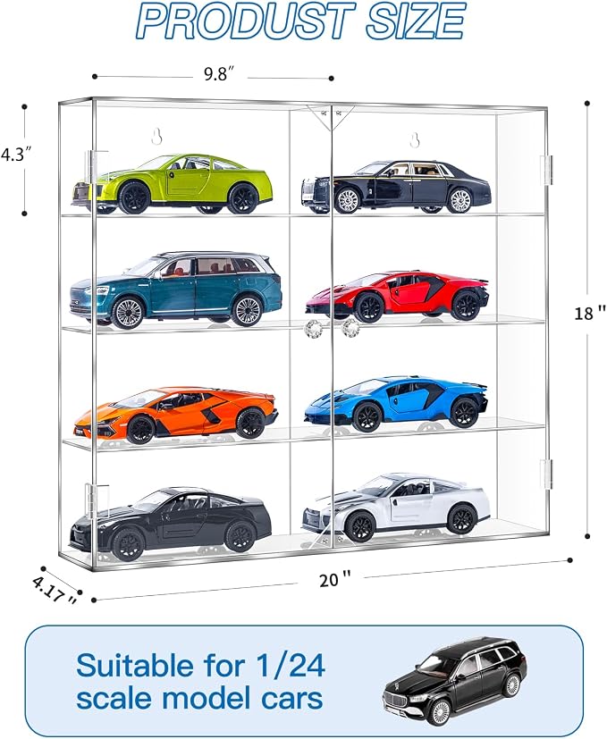 JUESHA Acrylic Display Case for 1/24 Scale Diecast Storage | 4 Levels 8 Slots Toy Cars Showcase Wall Mount Or Desktop, Clear Display Organizer for Nascar Diecast Model Car Tabletop - Image 3