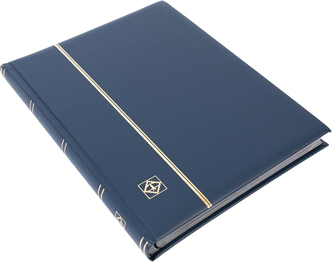 LIGHTHOUSE – “PREMIUM” Bonded Leather Cover Stockbook for Stamps - 32 Black Cardstock A4 Pages with Clear Strips and Double Linen Hinges - Blue by Leuchtturm