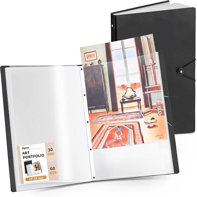 JoyCat 18 x 24 Art Portfolio Binder, 30 Pockets Display 60 Pages, Black | Acid free 30 pocket portfolio displays up to 60 pages and stores large artwork, drawings, and posters up to 18 x 24 in by JOYCAT