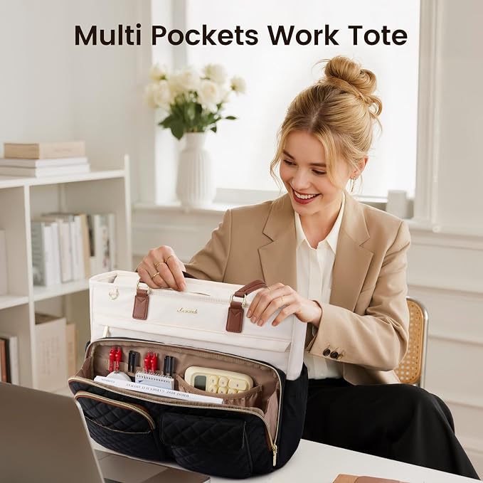 LOVEVOOK Tote Bag, Work Bags for Women with Large Cup Holder, Large Capacity Teacher Tote with Multi Pockets, Nurse Diaper Tote with Padded Laptop Compartment, 15.6 Inch Khaki Beige - Image 2