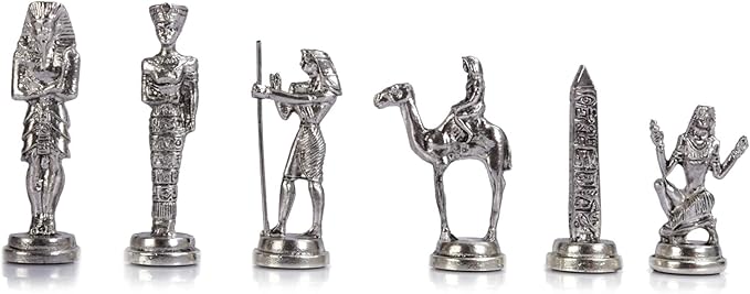 Metal Chess Set for Adults Egypt Pharaoh Figures,Handmade Pieces and Different Design Wooden Chess Board with Storage (Marble)