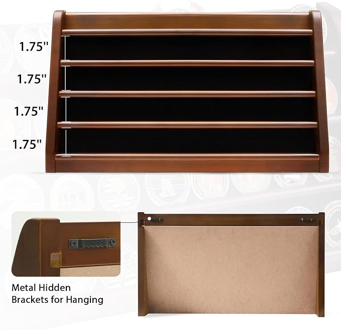ASmileIndeep 5 Rows Challenge Coin Holder Display Stand Holds 50 Coins for Wall Mount or Tabletop, Solid Wood Military Coin Rack Display Case for Collectibles, Walnut - Image 4